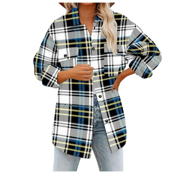 Plaid Shacket Jackets Shirts for Women Long Sleeve Cardigans Lightweight Color Block Jacket Buttons Down Collar Plaid Shirts Loose Plus Size Flannel Jacket With Pocket