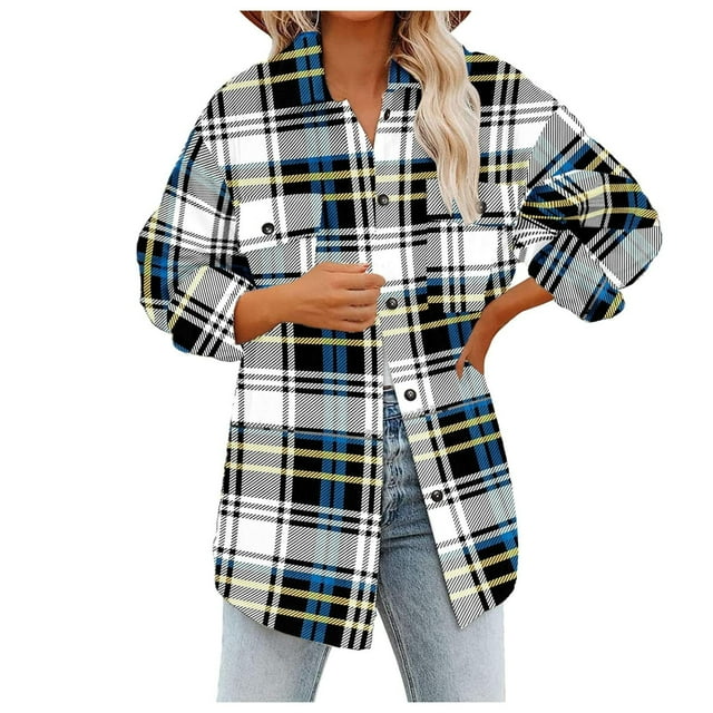Qertyioot Womens Plaid Shirts Flannel Jacket Shacket Plaid Color Block Buttons Down Collar Plaid Loose Plus Size