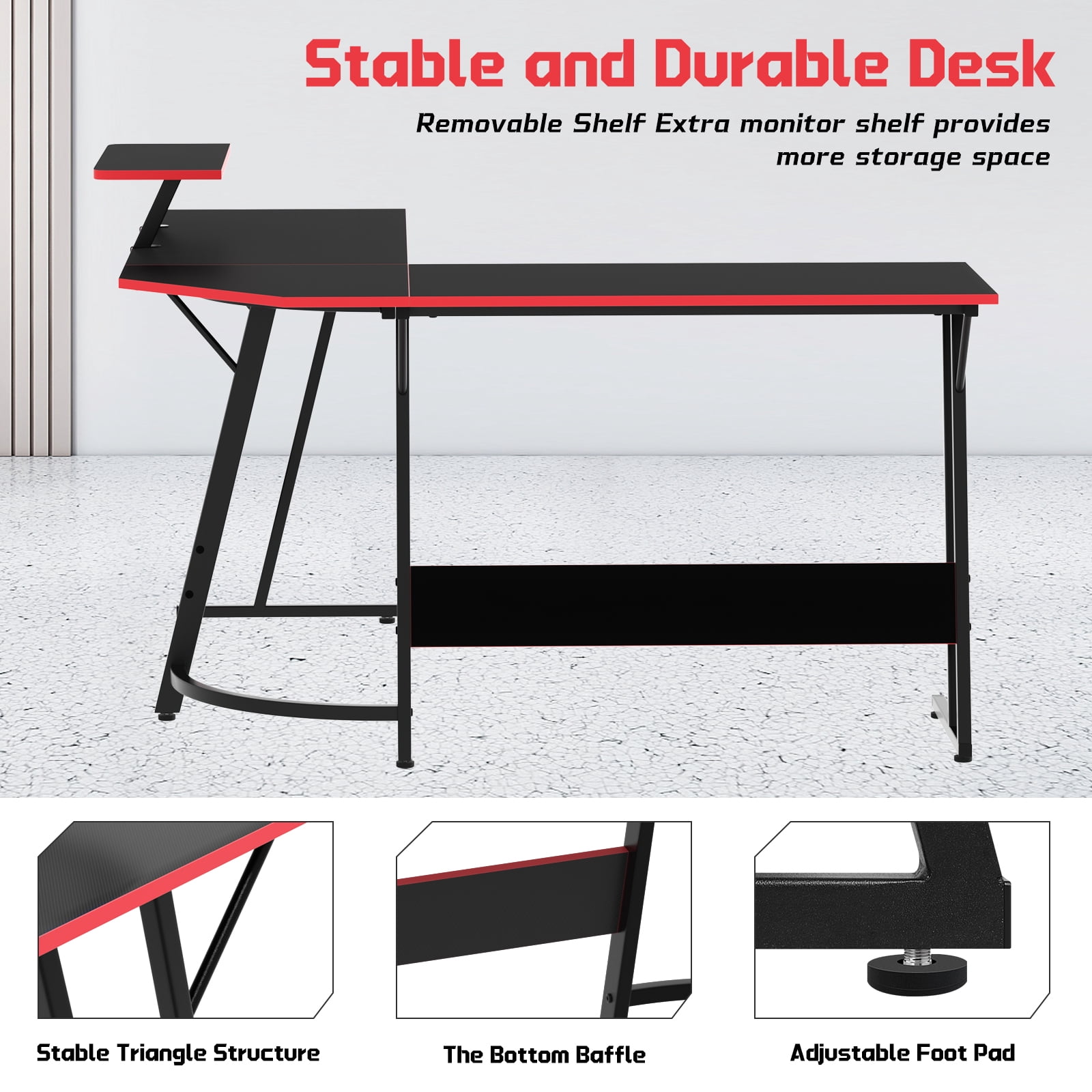 Dkelincs L Shaped Gaming Desk, 50.4" Corner Computer Desk PC Game Table with Monitor Stand Large Desktop for Home Office Study Writing Workstation, Black