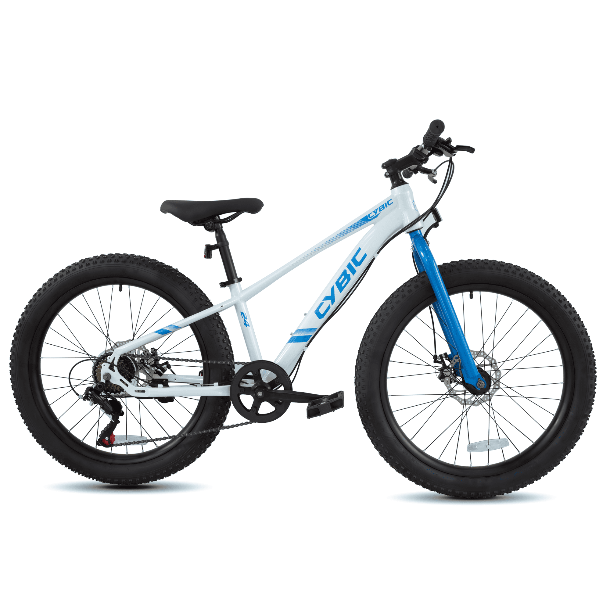 Cybic Fat Tire Mountain Bike 24 inch, 7 Speeds, Double Disc Brake Bicycle, White Blue