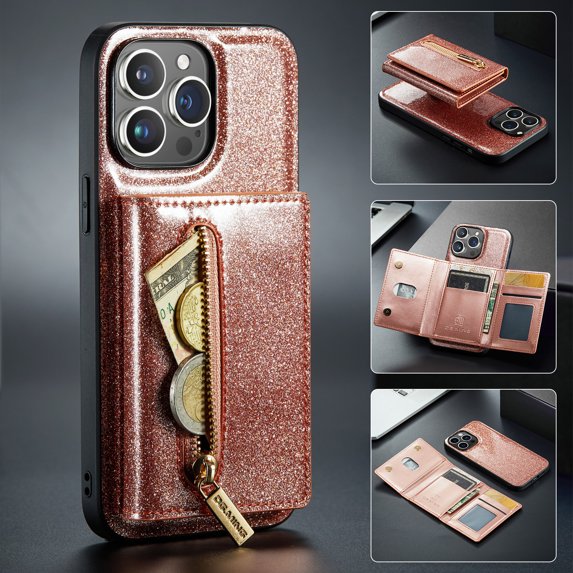 Feishell for iPhone 11 Pro Wallet Case, Card Slots Zipper Pocket 2 in 1 Phone Cover with Kickstand, Sparkle Luxury PU Leather Magnetic TPU Anti-Scratches Shockproof Protective Case,Rosegold