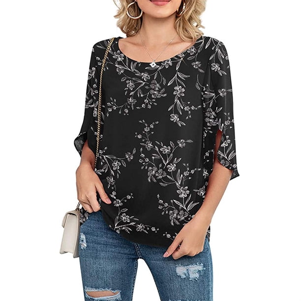 Blusa informal Minnieouse con cuello y estampado de media manga para mujer negra L