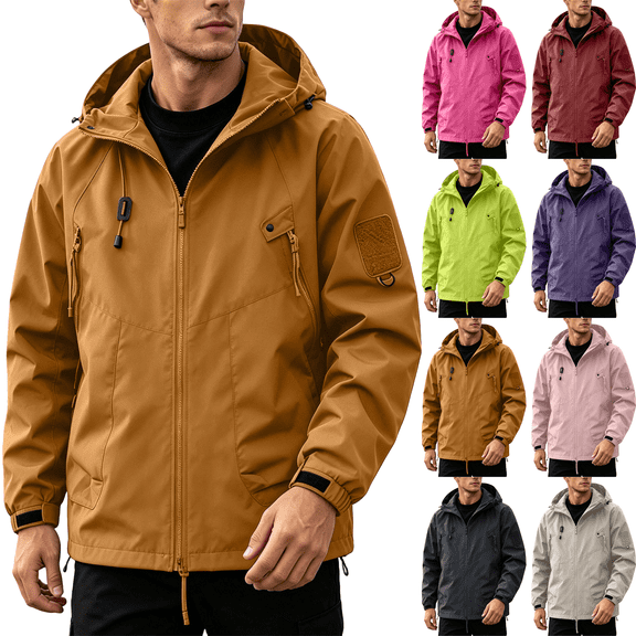 Rain Jackets for Men Solid Color Windbreaker Windproof Zip Up Hooded Windbreaker Loose Fit Trendy Fall Vacation Outdoor Travel Jacket