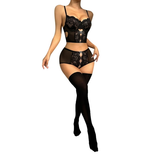 Gibobby Conjunto de lencería Sexy Ropa Interior Divertida para Mujer, Escote En V Profundo, Encaje Sexy, Vestido Transparente, Vestido para Conjuntos De Lencería(Negro, G)