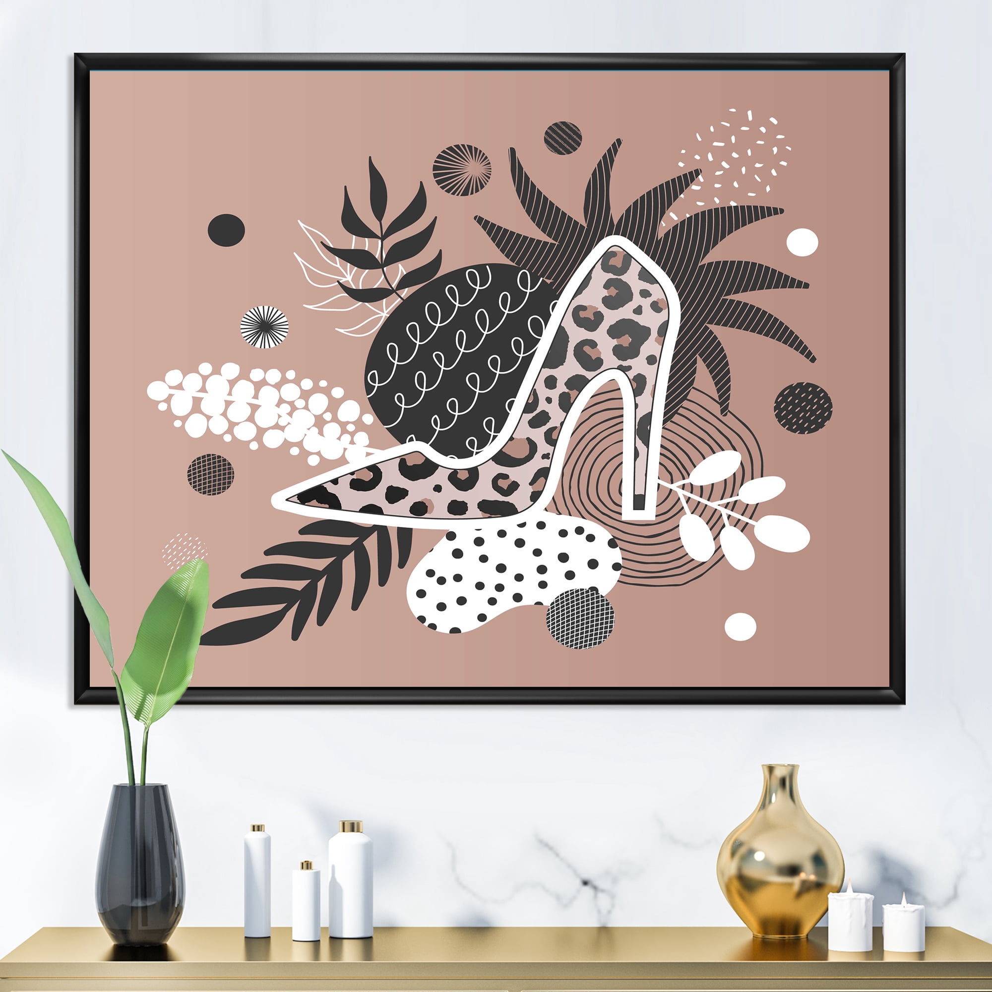 Designart 'Leopard High-Heeled Shoes On Tropical Leaves' Modern Framed Canvas Wall Art Print