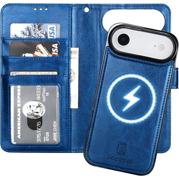 for iPhone 17 Air Wallet Case Compatible with Wireless Charging, RFID Blocking Magnetic Leather Case with Card Slots Holder Kickstand Detachable Wrist Strap 6.5 Inch (Blue)