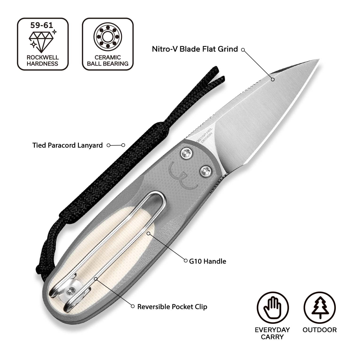 CIVIVI Purr Pocket Knife Folding Knife Slip Joint Knife with 1.83" Satin Finished Nitro-V Blade Gray & Ivory G10 Handle C25054-1, With 1PC Black Lanyard