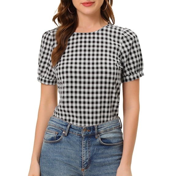 DARING DIVA Women's Gingham Checkered Plaid Puff Sleeve Keyhole Back Shirt 2XL Black