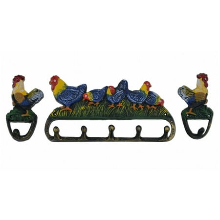Rooster & Chickens Wall Hook 3 Piece Set - Colorful Painted Cast