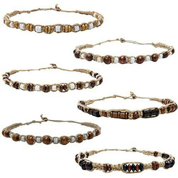 6 Hemp Necklaces for Men and Women Braided with Natural Hemp Cord, White Puka Chips and Wood Beads - Unisex Beaded Hemp Necklace