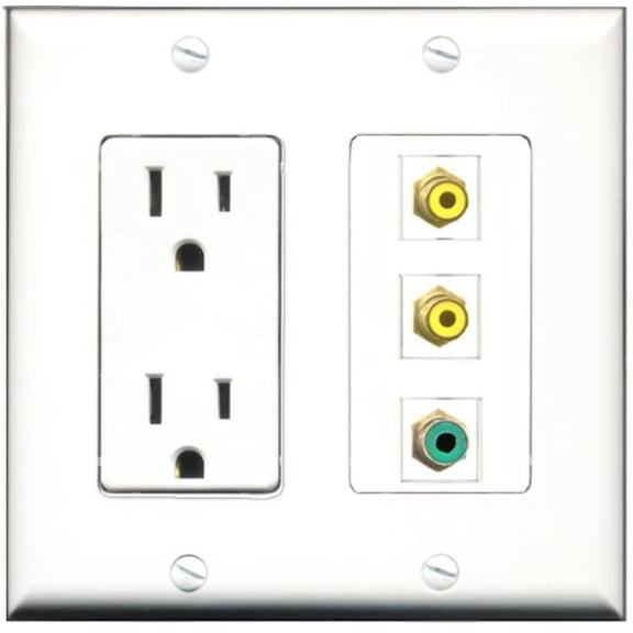 RiteAV - 15 Amp Power Outlet 2 Port RCA Yellow 1 Port RCA Green Decorative Wall Plate