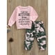 thumbnail image 2 of Conjunto de dos piezas para bebé niña: sudadera de manga larga con estampado de letras y pantalones elásticos con estampado de camuflaje., 2 of 9