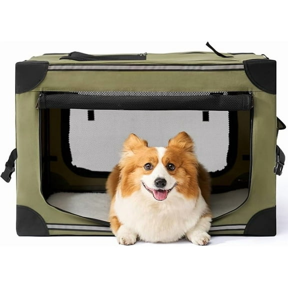 Collapsible Dog Crate 26 Inches, Portable Travel Crate for Small Dogs, Soft Foldable Pet Kennel with 4-Door Mesh Windows Indoor & Outdoor, Green
