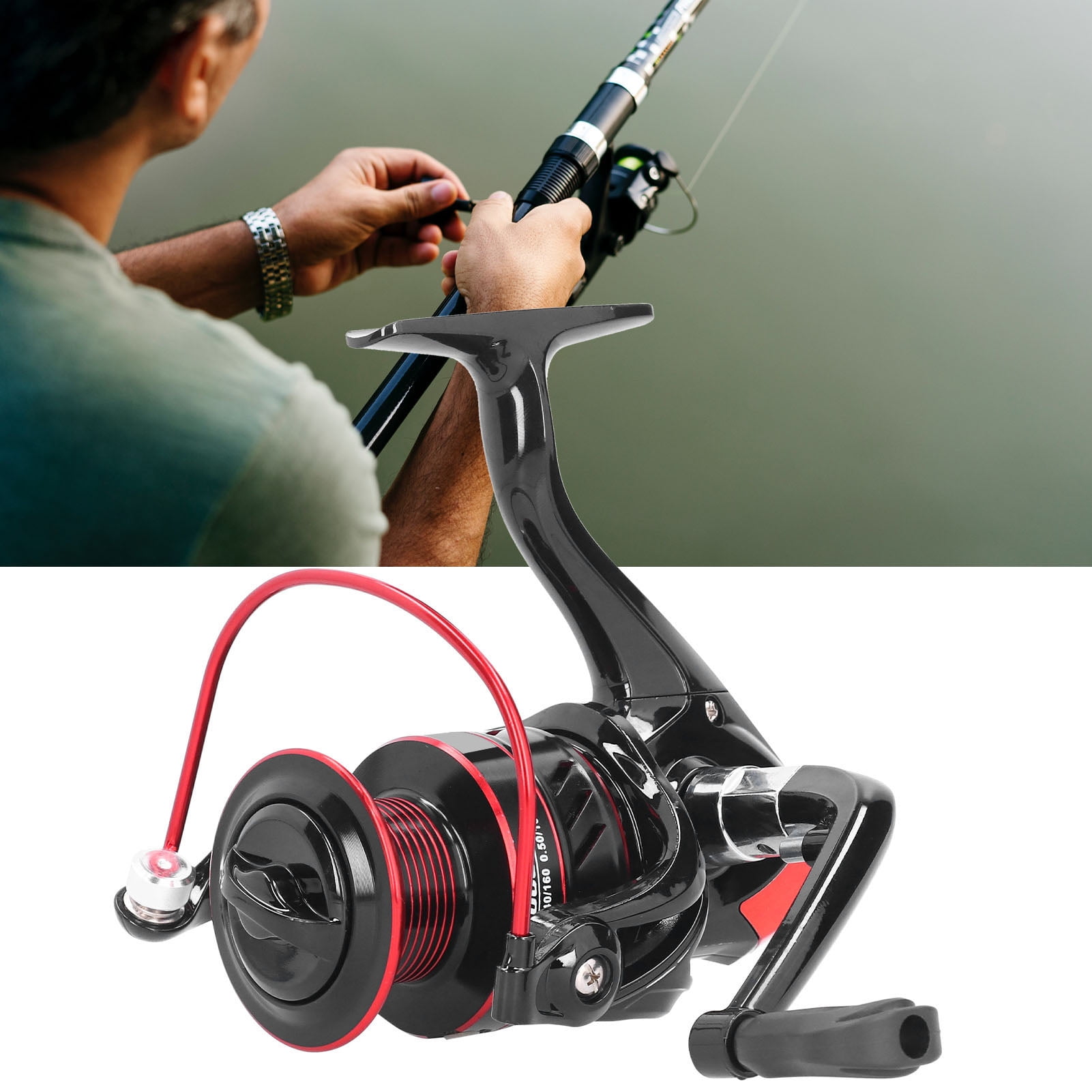 Rupoun Metal Spinning Reel Spool Sea Rod Lure Rock Fishing Long Shot Reel Accessory Black Red DM6000 Ambidextrous 5.2:1 Gear Ratio Heavy Duty Freshwater Saltwater