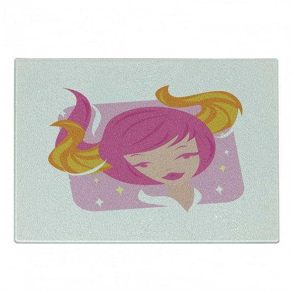 Zodiac Taurus Cutting Board, Abstract Woman Illustration Pink Hair and Orange Horns Female Taurus Portrait, Decorative Tempered Glass Cutting and Serving Board, Small Size, Multicolor, by Ambesonne