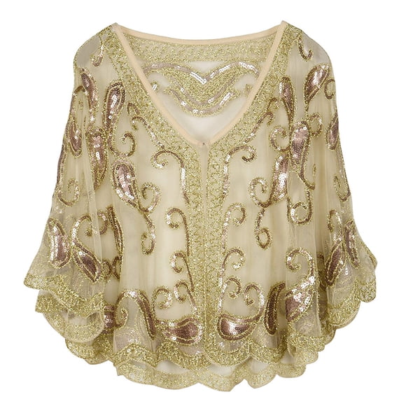 Châle des Années 1920 pour Femmes avec Perles et Paillettes, Cape de Soirée Déco, Boléro à Clapet, T-Shirts pour Femmes Beige Taille Unique