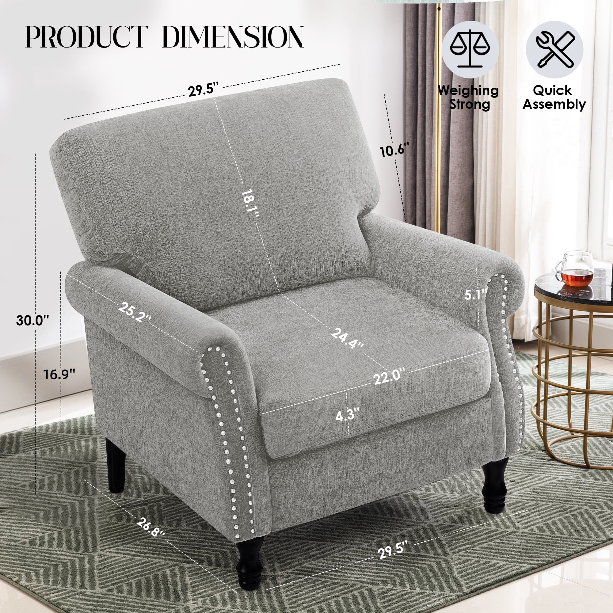 COOLHUT Modern Accent Chair Armchair, Linen Fabric Upholstered Comfy Single Sofa with Solid Wood Frame for Living Room, Gray