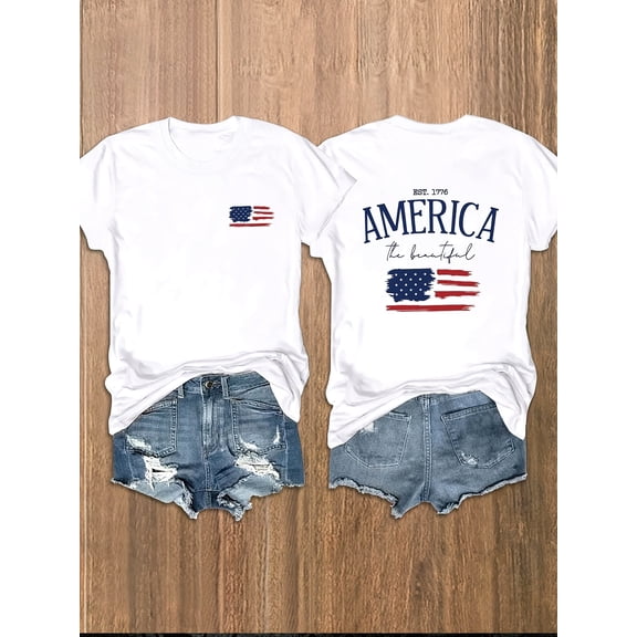 Patriotic America The Beautiful T-Shirt Vintage Distressed American Flag Graphic Tee Retro Est 1776 Independence Day USA Pride Top