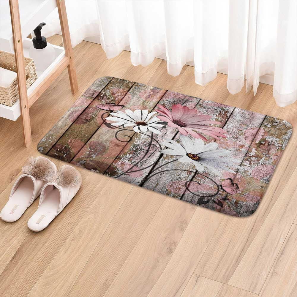 Farmhouse Floral Flower Bath Mat, Daisy Rustic Wooden Plank Country Barn Wood Pink Flower Non-Slip Flannel Soft Doormat Floor Entryways Outdoor Indoor Front Door Mat, (17X29)