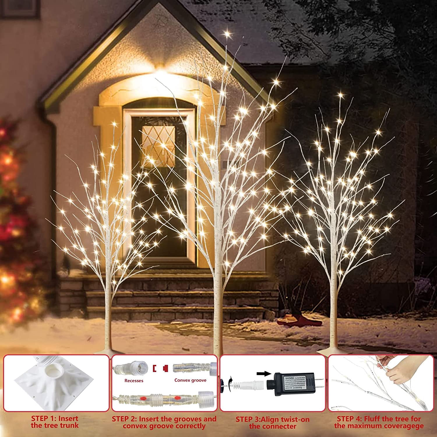 Birkenbaum-Lichter Set Of 3 – 4FT, 6FT, 8FT, 440 Warmweiße LEDs Mit Timer-Funktion