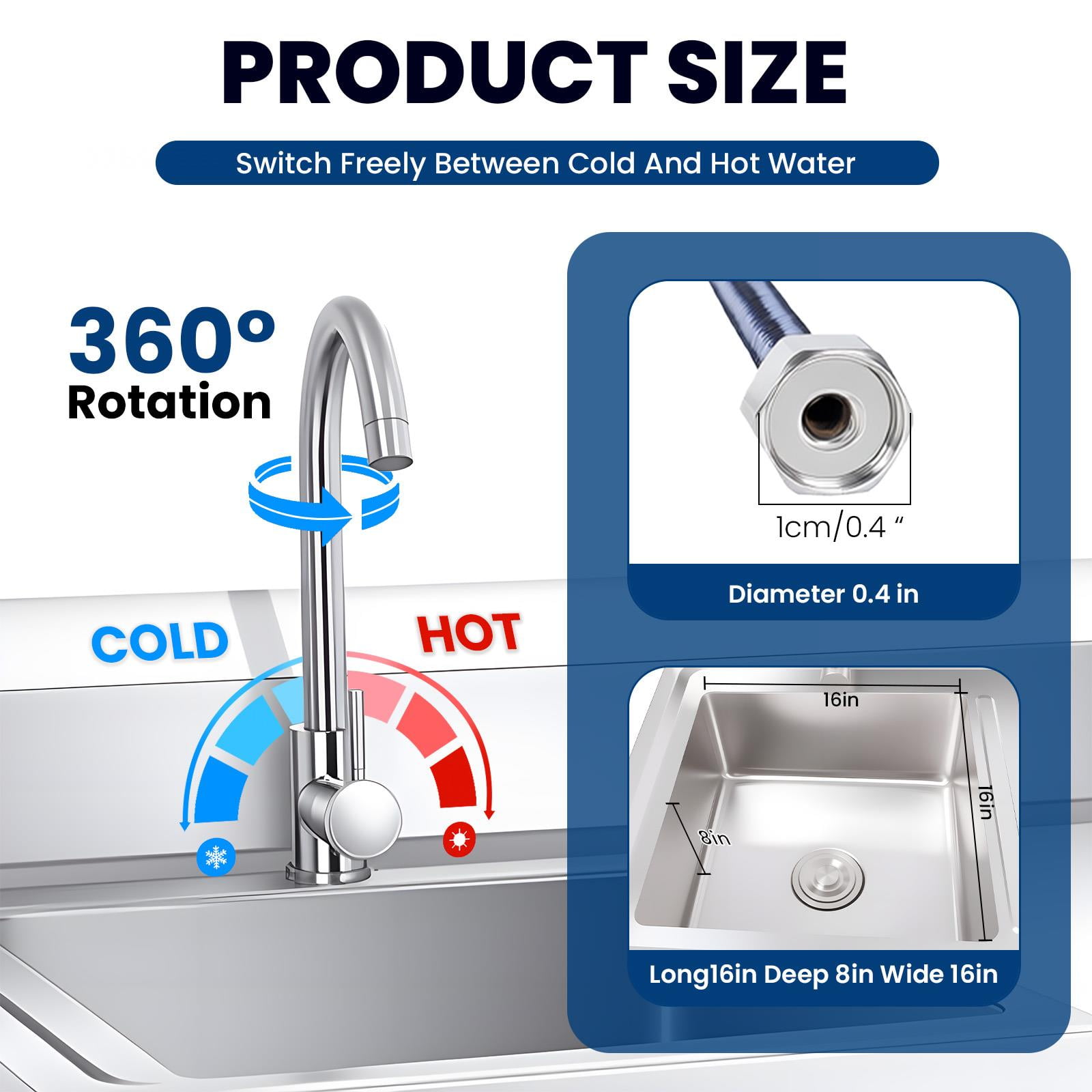 Heavy Duty Stainless Steel Utility Sink Load Up to 398LBS, Free Standing Single Bowl Commercial Kitchen Sink with Hot And Cold Water Inlet Pipes, 31.5×23.62×36.37 In, for Garage, Restaurant, Laundry