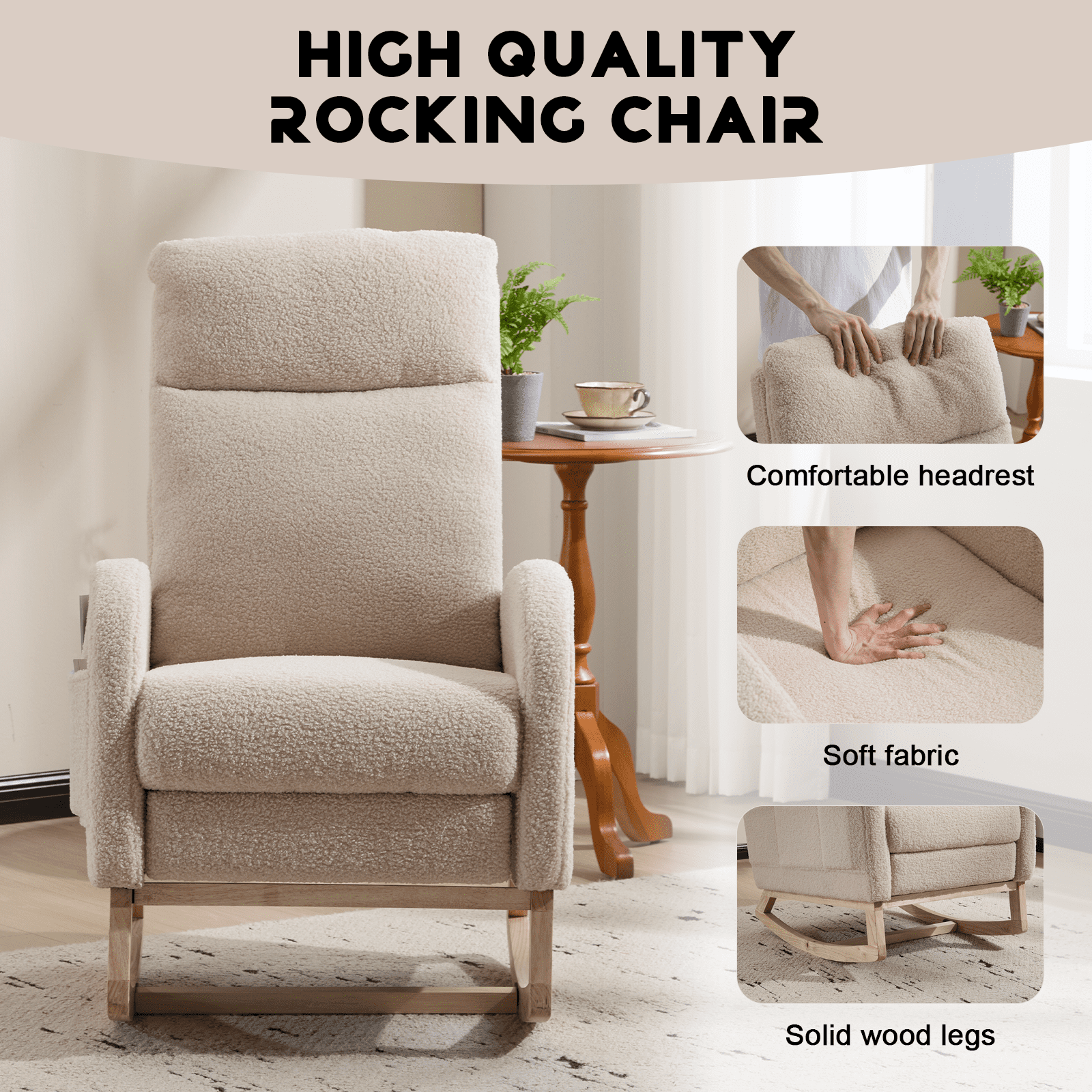 Nursery Rocking Chair,Modern Upholstered High Back Glider Armchair,Comfy Rocker with retractable footrest and Headrest, Side Pocket Accent Chair for Living Room/ Bedroom （Teddy）BEIGE