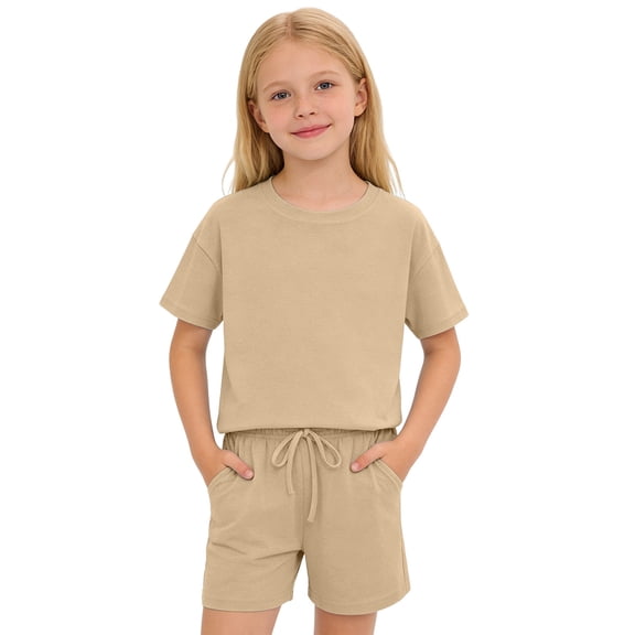Rggeeun Girls Child Clothes Sets Solid Color Short Sleeve Crew Neck Loose Fit Top & Elastic Waist With Side Pockets Above Knee Shorts For Summer Party Casual Wear,Khaki,11-12 Years