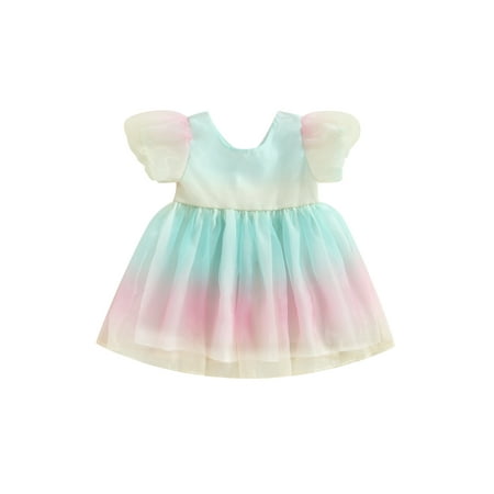 

Peyakidsaa Toddler Baby Girls Summer Princess Tutu Dress Short Sleeve Rainbow Gradient Party Tulle Dress with Bow