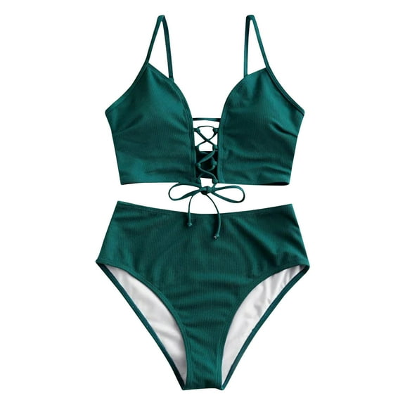 SELONE Plus Size Swimsuit for Women 2 Piece Bikini Hawaiian Solid Beach Beachwear Fashion Tummy Control Swimsuits Plus Size Bathing Suit for Women Bathing Suit for Women Tummy Control Green L