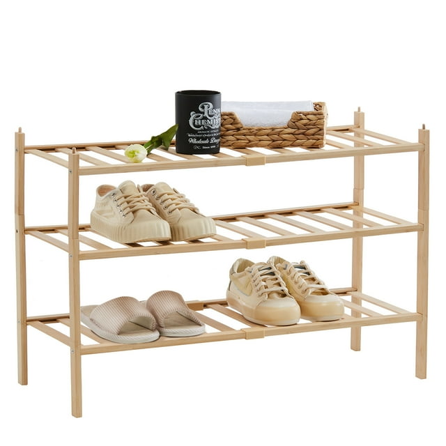 iKayaa 3-Tier Bamboo Shoe Rack Stackable Shoe Shelf Free Standing Storage Organizer for Entryway Hallway Closet Tabletop (Nature)