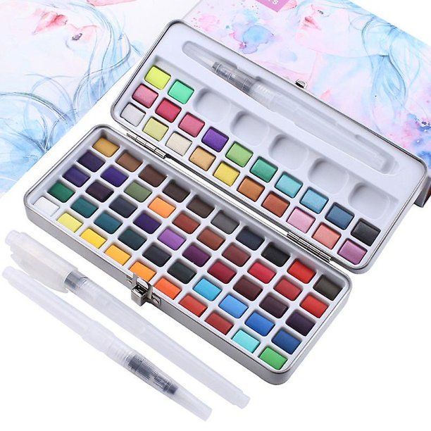 Juego de pintura de acuarela sólida de 72 colores con 3 pinceles, estuche de metal portátil para profesionales principiantes, herramienta de pintura artística para estudiantes Feliz Sencillez