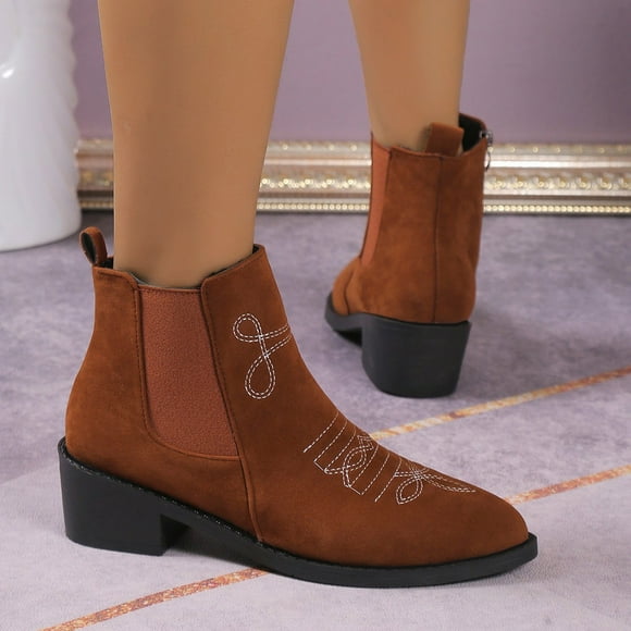 YOUSNH Round Toe Square Heel Retro Women's Short Boots Western Denim Elastic Mouth Boots Womens Boots Brown 9