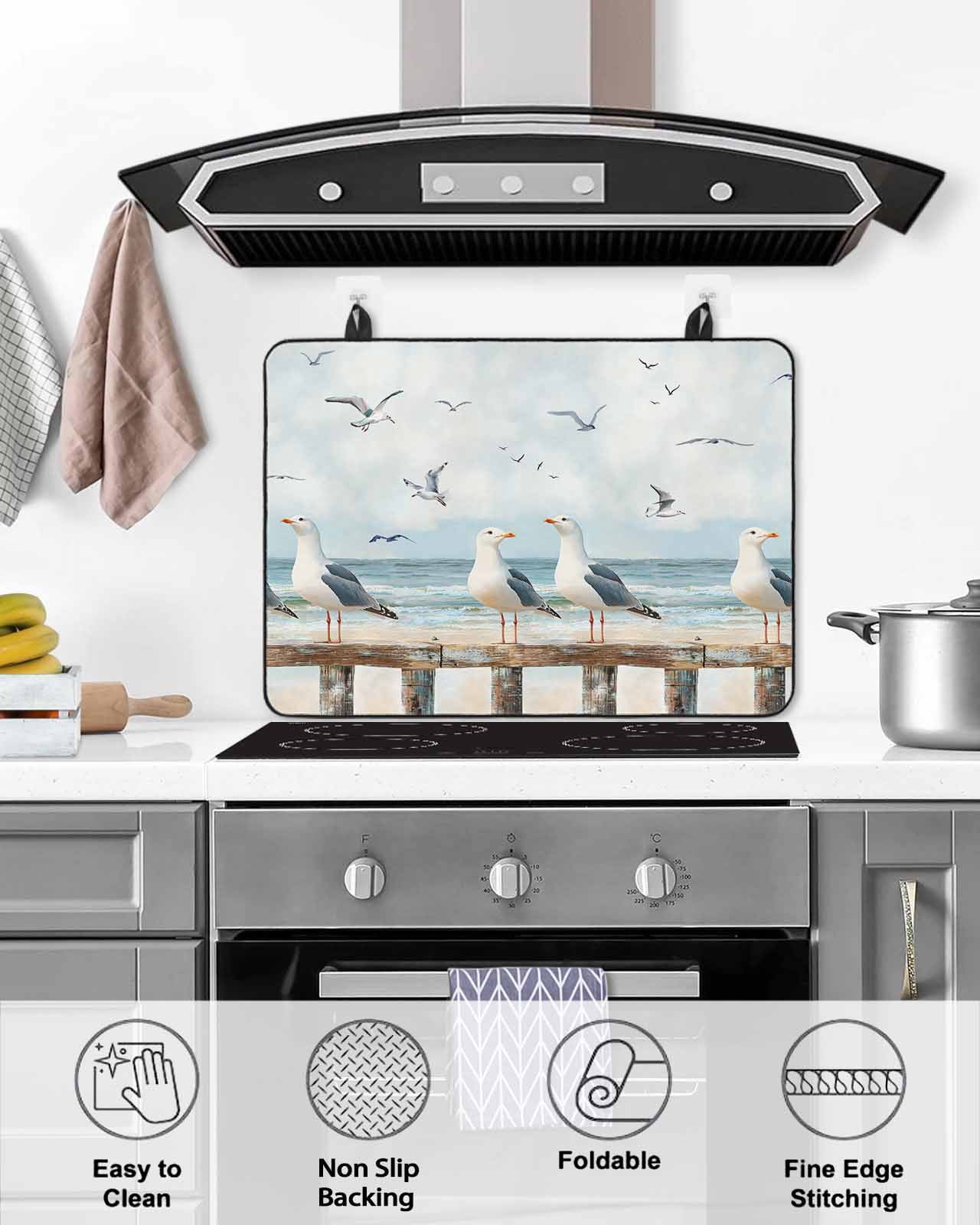 nqOlkjepod Large Induction Cooktop Protector Mat 36"x21", Coastal Seagull Stove Top Covers for Electric Stove, Summer Beach Ocean Birds Retro Stove Burner Cover Mats, Glass Top Stove Cover