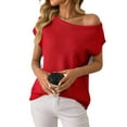 thumbnail image 2 of Womens Short Sleeve Off the Shoulder Sweaters Summer Vacation Going Out Tops Knit Pullover 2025 Red L, 2 of 8