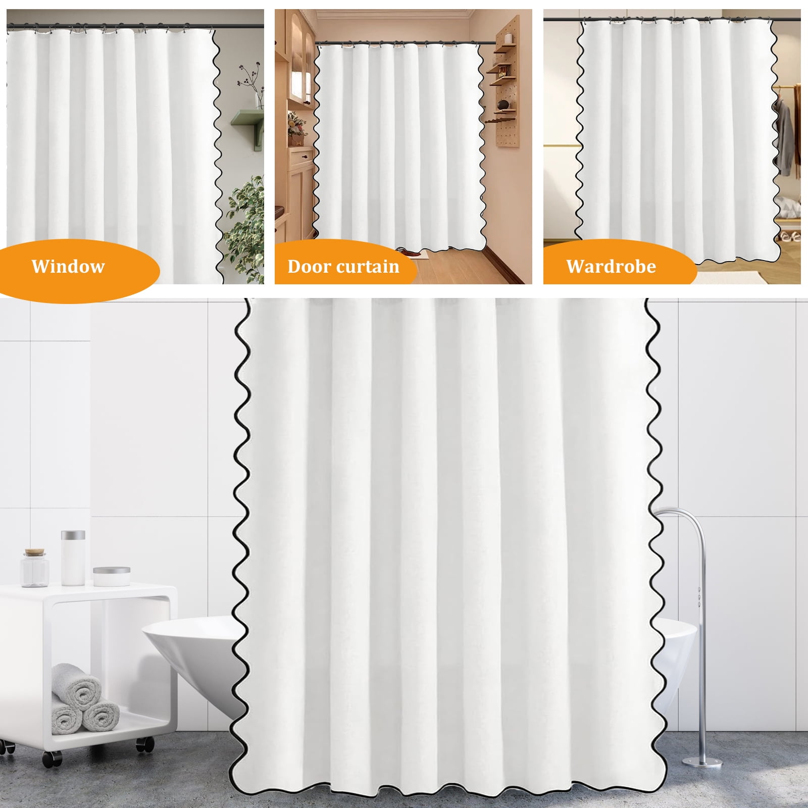 Dznils Black Scalloped Boho Shower Curtain with Hooks, Water-Repellent Thick Linen Fabric Bathroom Curtain, White, 72" x 72"