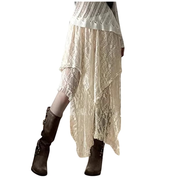 Falda larga con dobladillo irregular de encaje para mujer - Estilo vacacional, moda de Instagram, talla única para cintura de 64-71 cm, ligera, 230 g