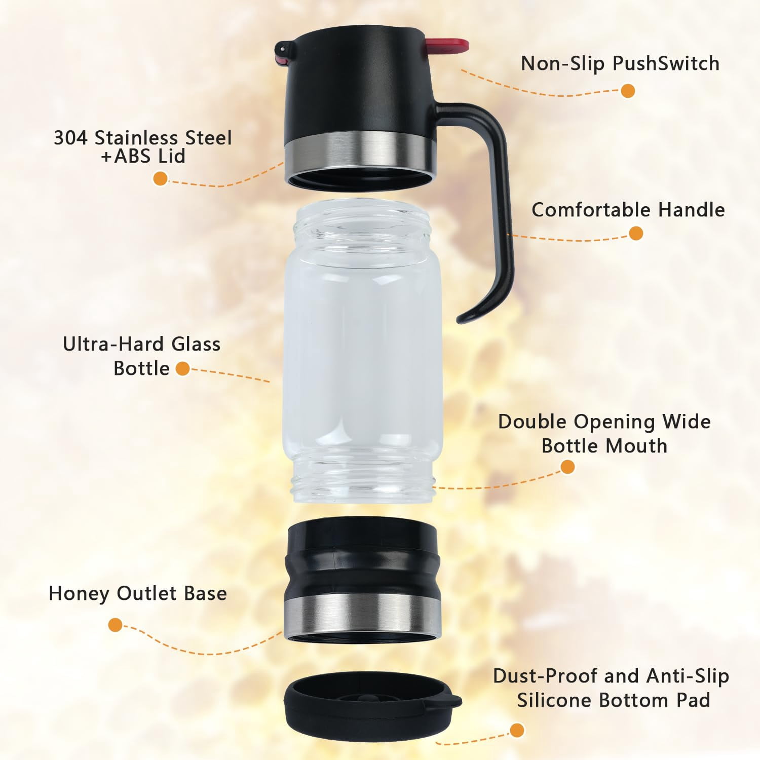 Honey Dispenser 12Oz No Drip with Base 2026 Upgrade, Glass Honey Jar pot with Handle, Syrup Dispenser for Coffee or Tea, Mess Free Honey Dispenser for Honey and Syrup, Honey Container