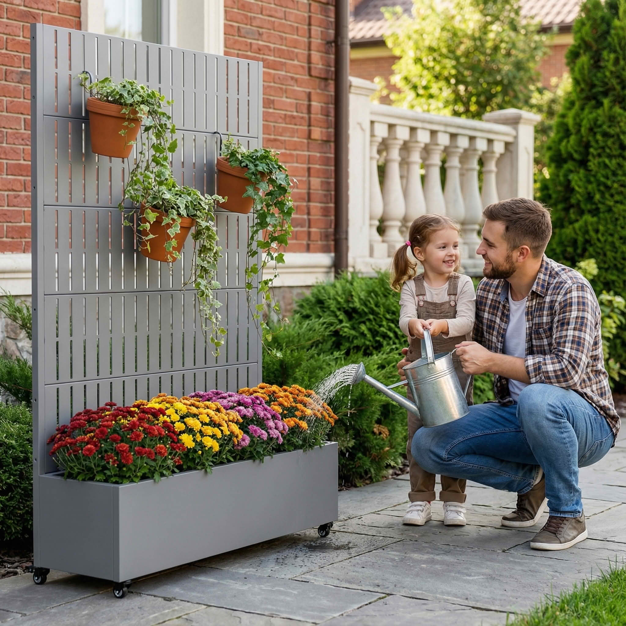MAYEERTY 72X47" Metal Outdoor Gray Privacy Screen with Planter Box for Backyard & Garden, 5 Piece Set