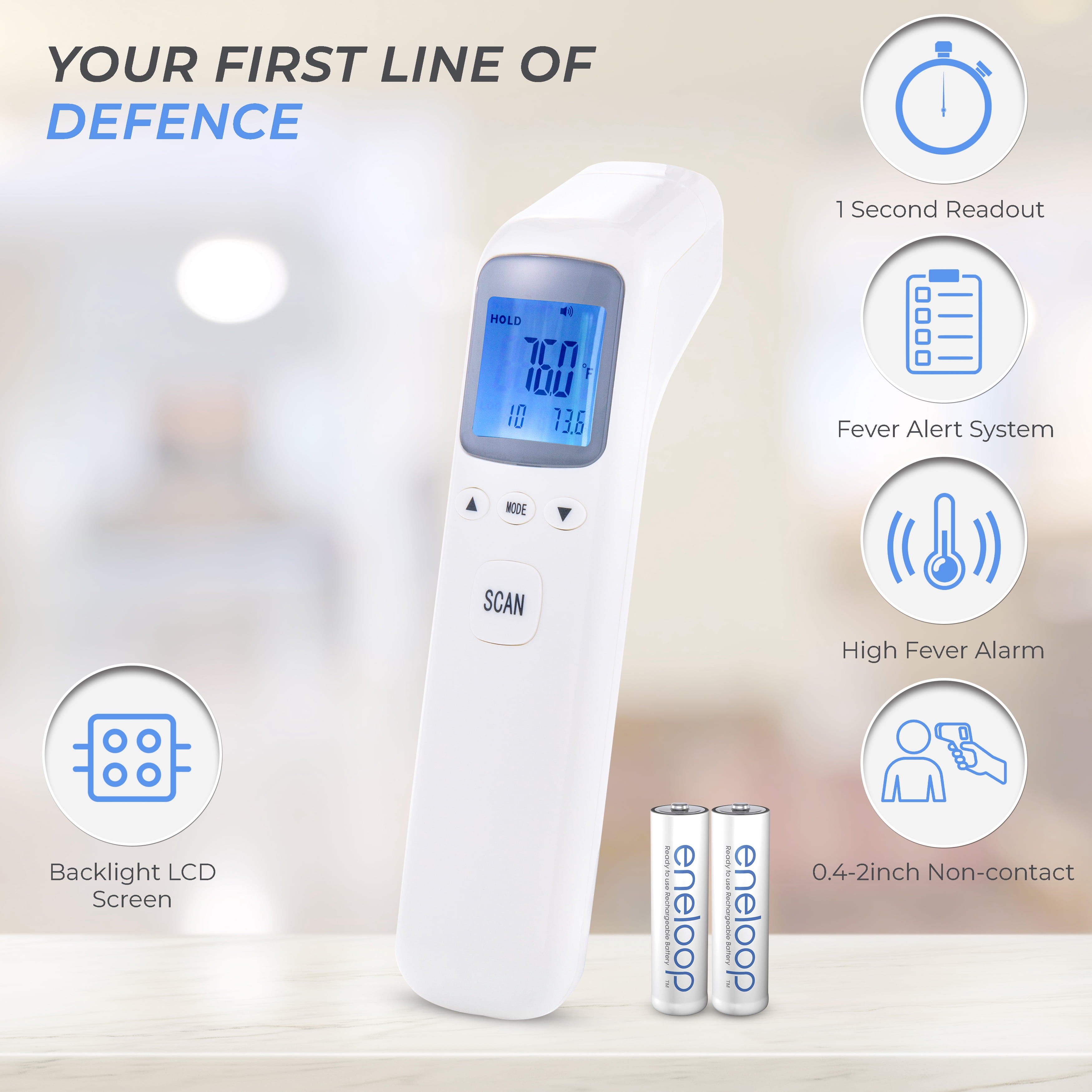 Infrared Forehead Thermometer ET03 - No Contact - Fast, Accurate Readout - Babies, Children, Adults - Hygienic - Automatic Shut Off - 32 Sets of Memory - Fever Alert System - Large LCD Backlit Screen