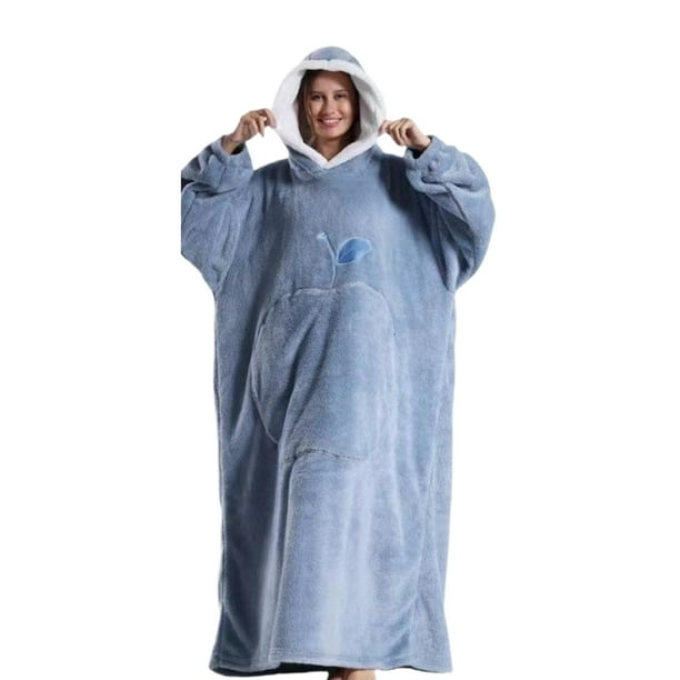 Qarigey Manta con capucha de lana de poliéster, albornoz portátil y de moda, manta de suéter de calor de invierno Pijama azul
