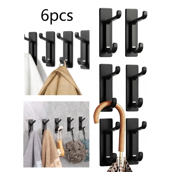 6 Pack Heavy Duty Adhesive Hooks, 13LB Wall Hooks for Hanging Coats & Towels, Stainless Rustproof Stick on Hangers for Bathroom, Kitchen, and Door (Black)