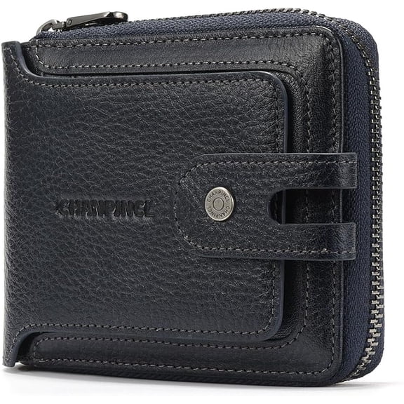 CHANPINCL  Men’s Genuine Leather RFID Wallet with Zipper, Large Capacity Driver’s License Holder, Multi-Functional Coin Pocket (Bluish grey)