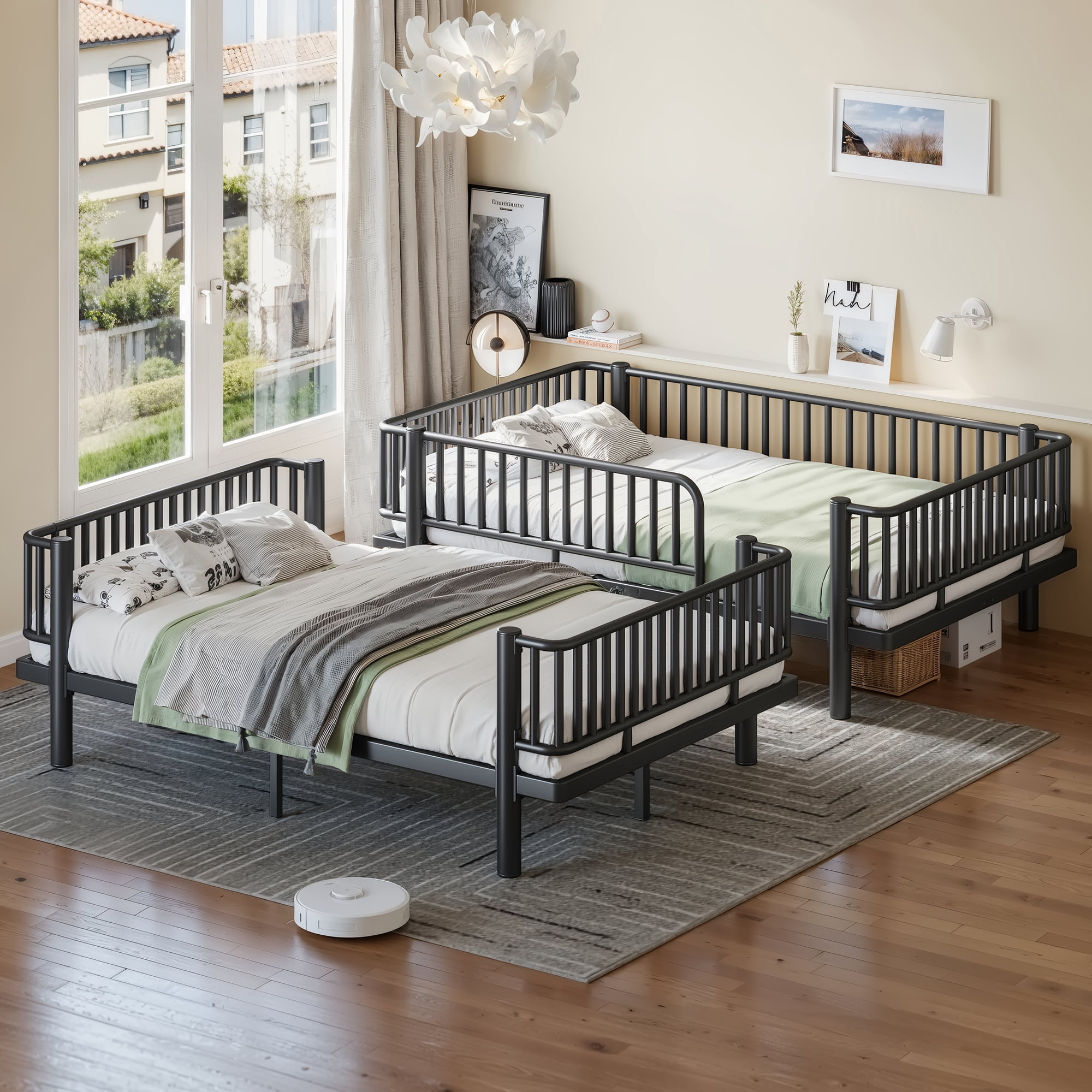 Leumius Full over Full Bunk Bed Frame with Ladders & Guardrails, Metal Bunk Bed Frame with Upgraded Safety Round-Pipe Design, Can Transformed into 2 Platform Bed for Teens Adults Black