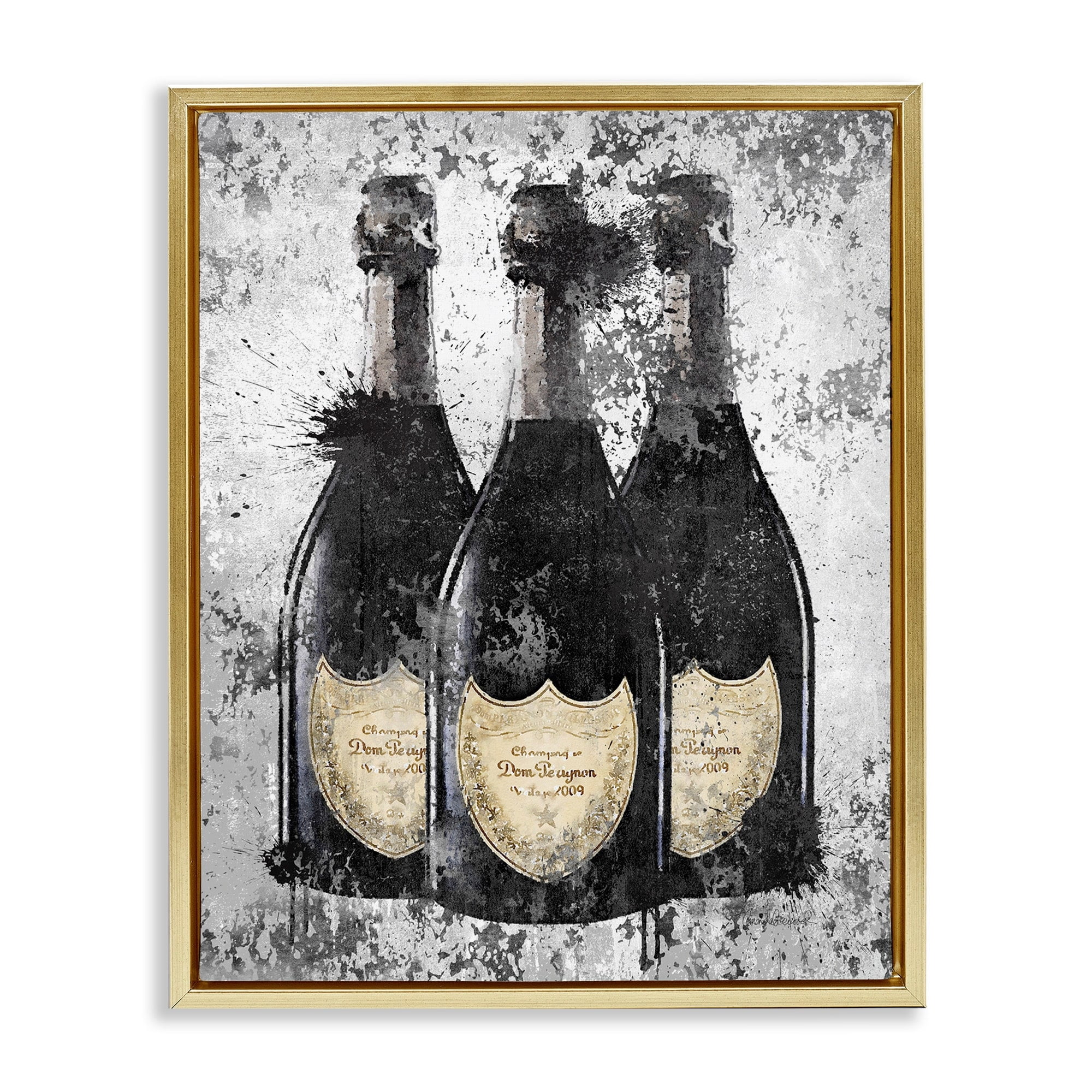Stupell Industries Champagne Bottles Grey Gold Ink Illustration Metallic Gold Framed Floating Canvas Wall Art, 16x20, by Amanda Greenwood
