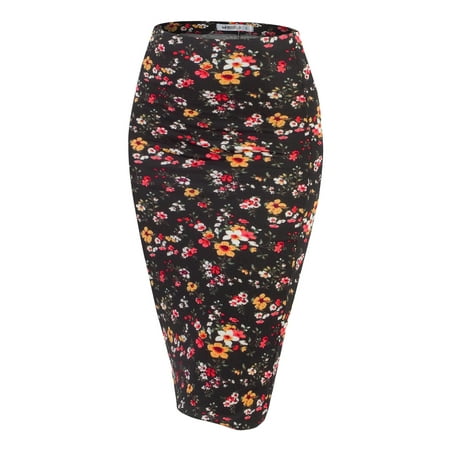 Doublju Stretch Knit Midi Pencil Skirt With Back Slit For Women With Plus size BLACKFLOWER