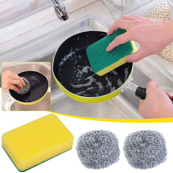 3-in-1 Kitchen Cleaning Sponge Set | Double-Sided Scrub Brush & Stainless Steel Cleaning Ball | Non-Scratch Sponge for Pots, Pans & Dishes (2-Pack)