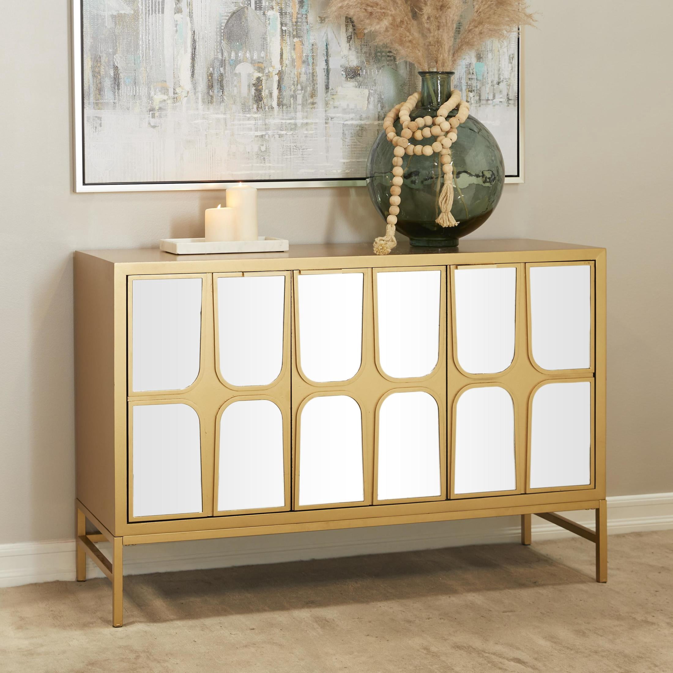 DecMode 48" x 32" Gold Wooden 3 Door Cabinet with Mirrored Front, 1-Piece
