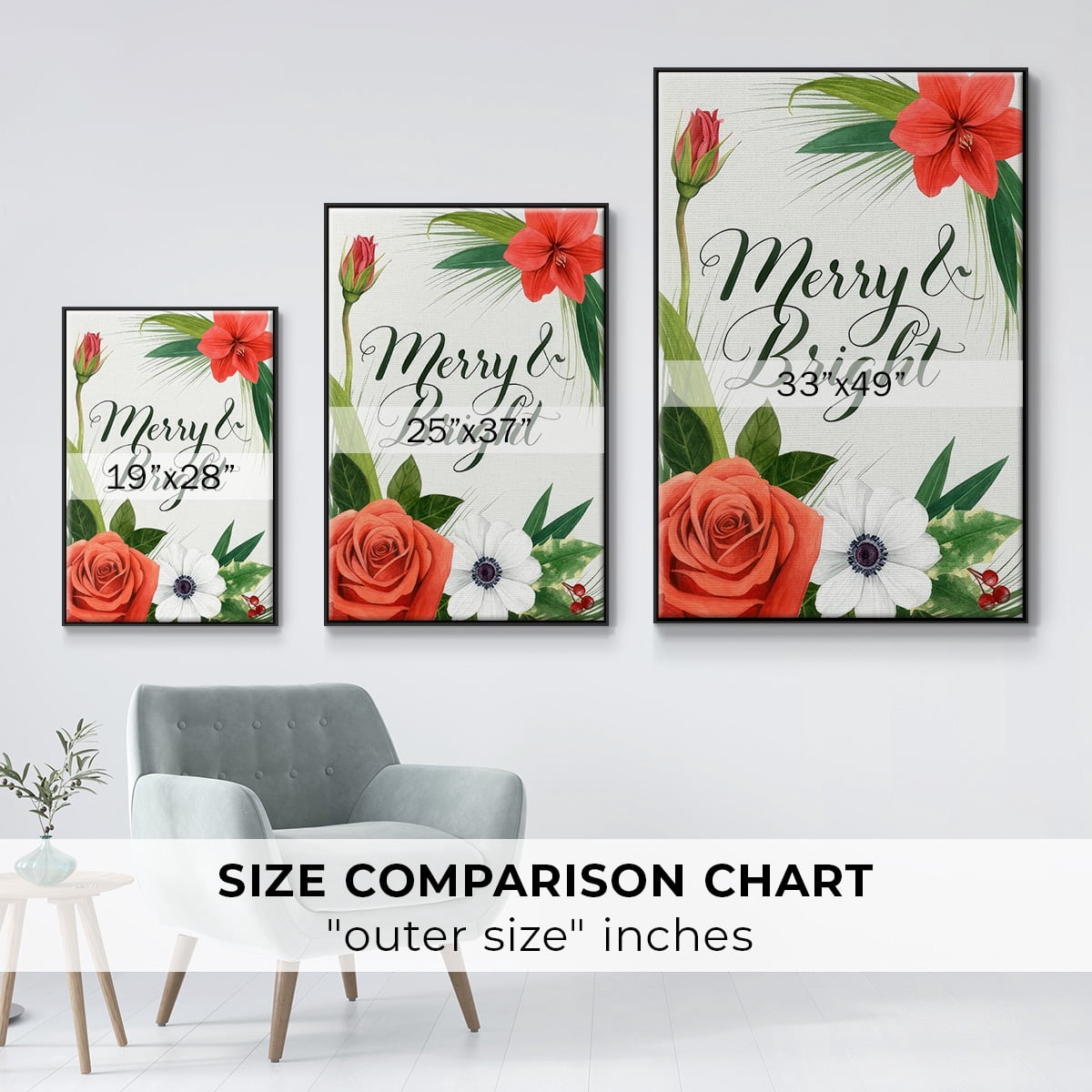 Christmas Flora Wreath Collection B - Framed Gallery Wrapped Holiday Canvas - 17 x 25 - Black Frame
