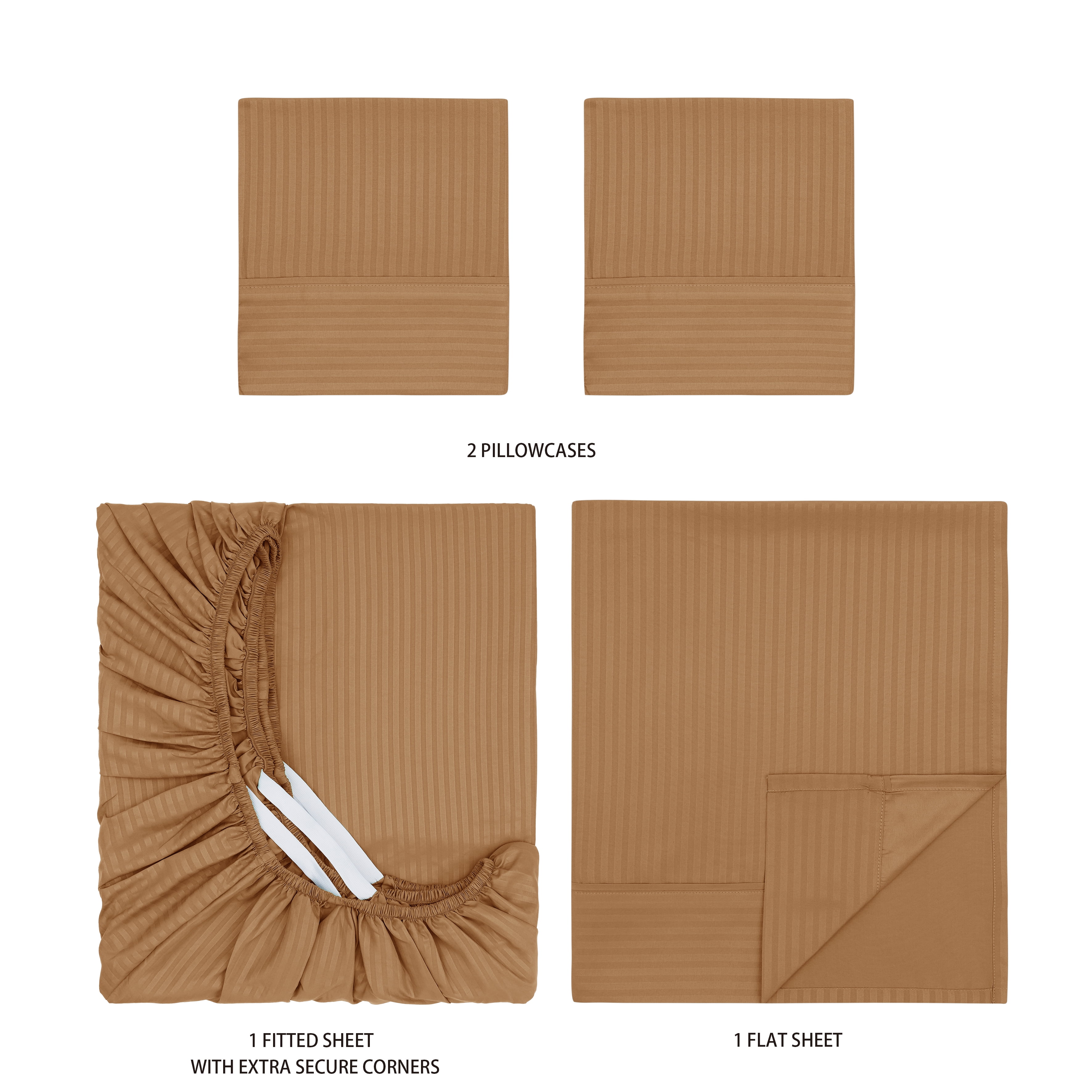 Mainstays Super Soft Brushed Microfiber Bed Sheet Set, Caramel Brown Embossed Stripe, Queen, 4 Piece