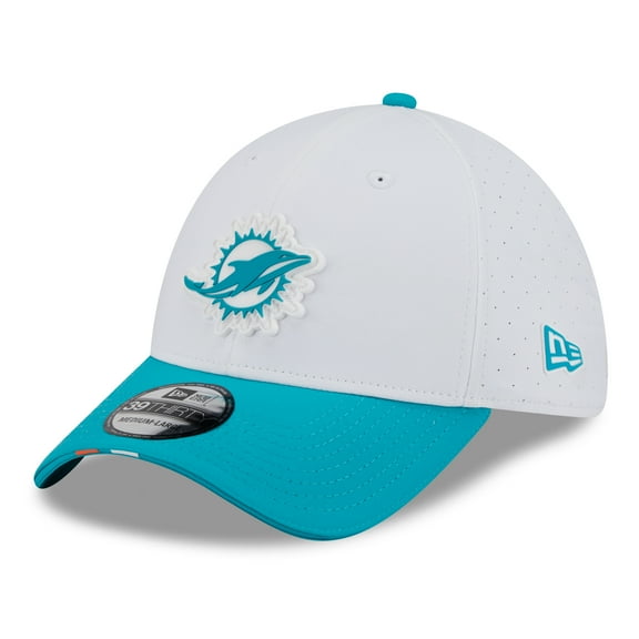 Men's New Era White/Aqua Miami Dolphins 2025 NFL Training Camp 39THIRTY Flex Hat
